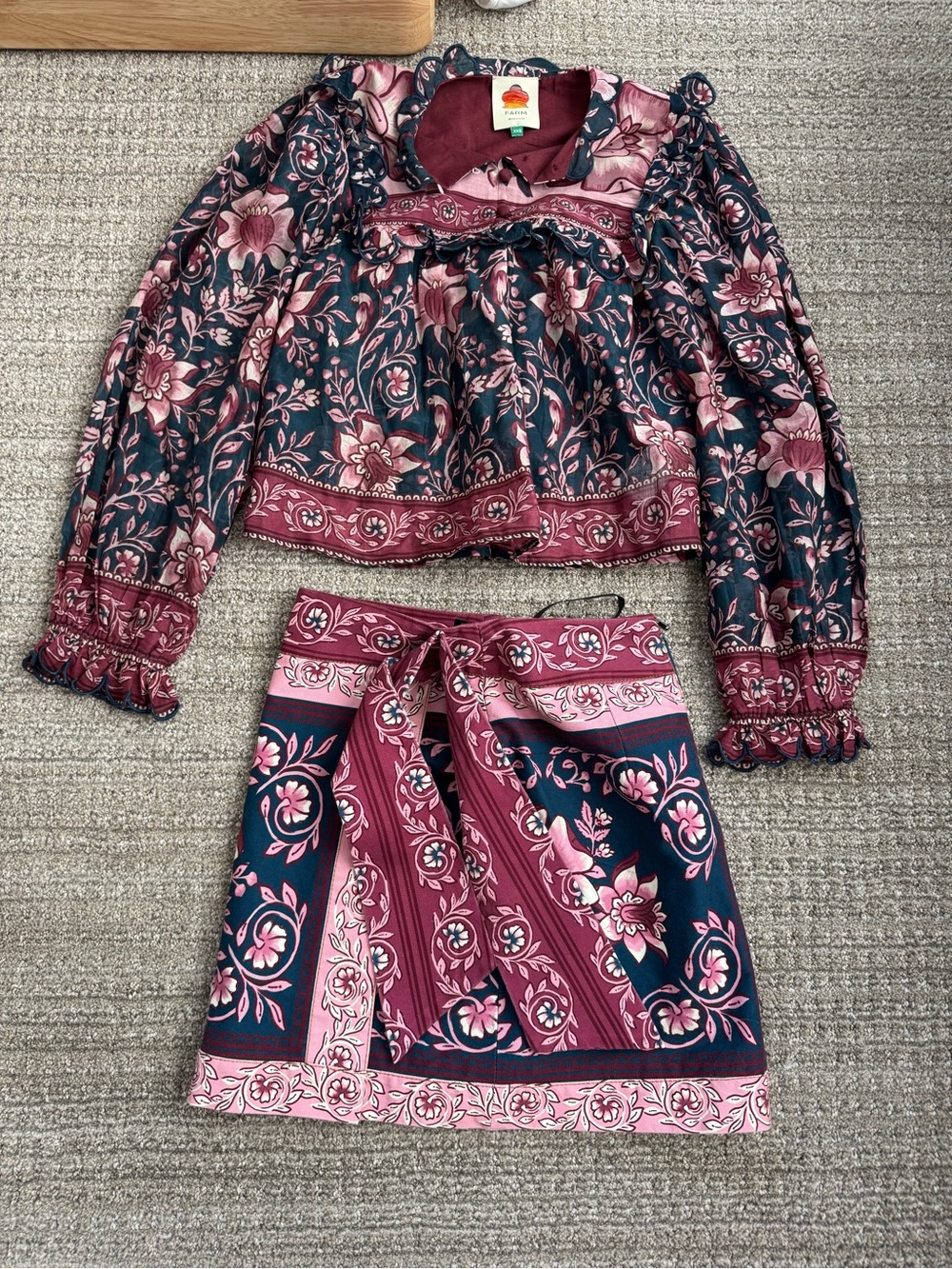 FARM Rio Navy and Dusty Rose Floral Tie-Waist Skirt Set